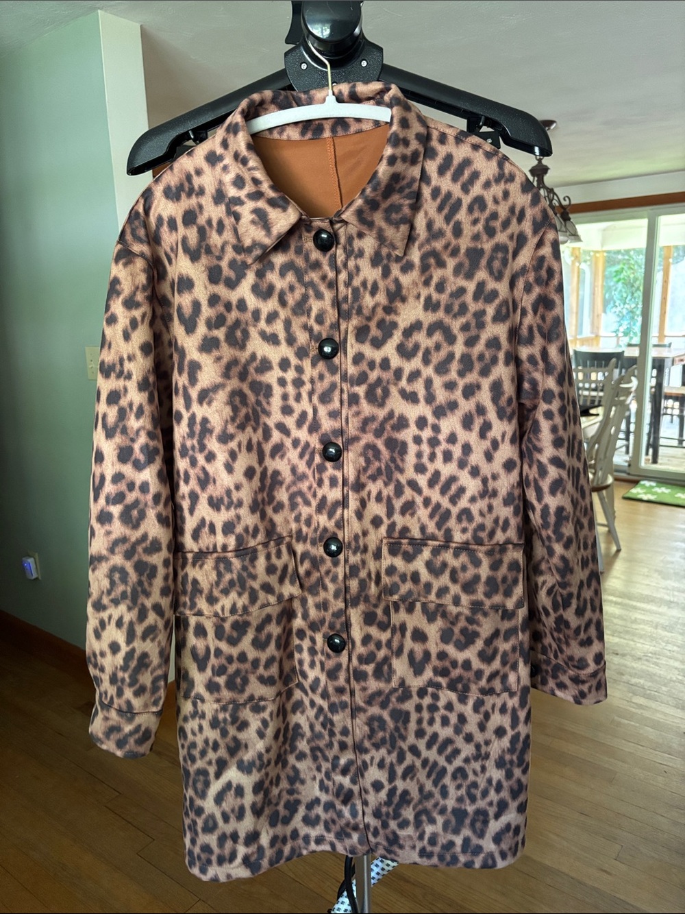 Leopard Print Button Front Coat - Brown/Tan